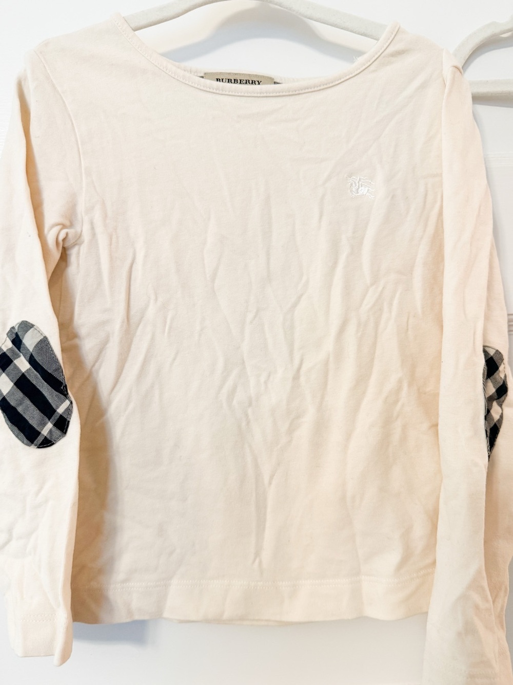 Authentic Burberry Girls' Cream Long-Sleeve Top with Plaid Elbow Patches- 4Y